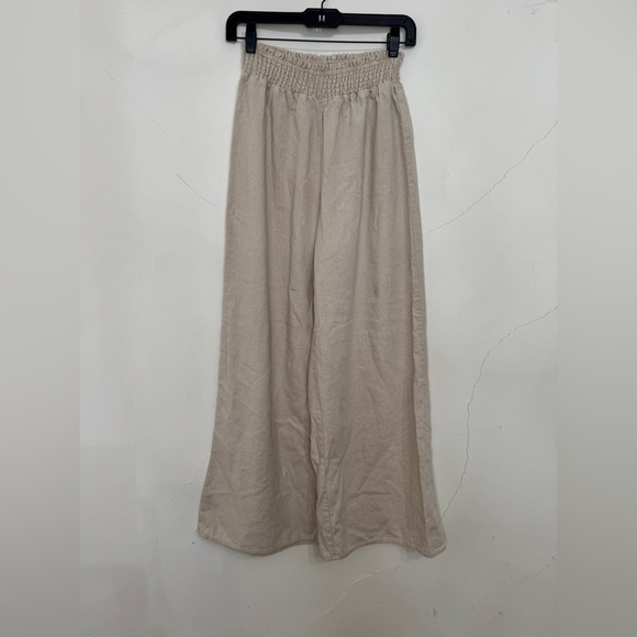 Women’s Ellen Tracy Linen Blend Smocked Ruffled Wide Leg Spring Summer Pants - Picture 3 of 6